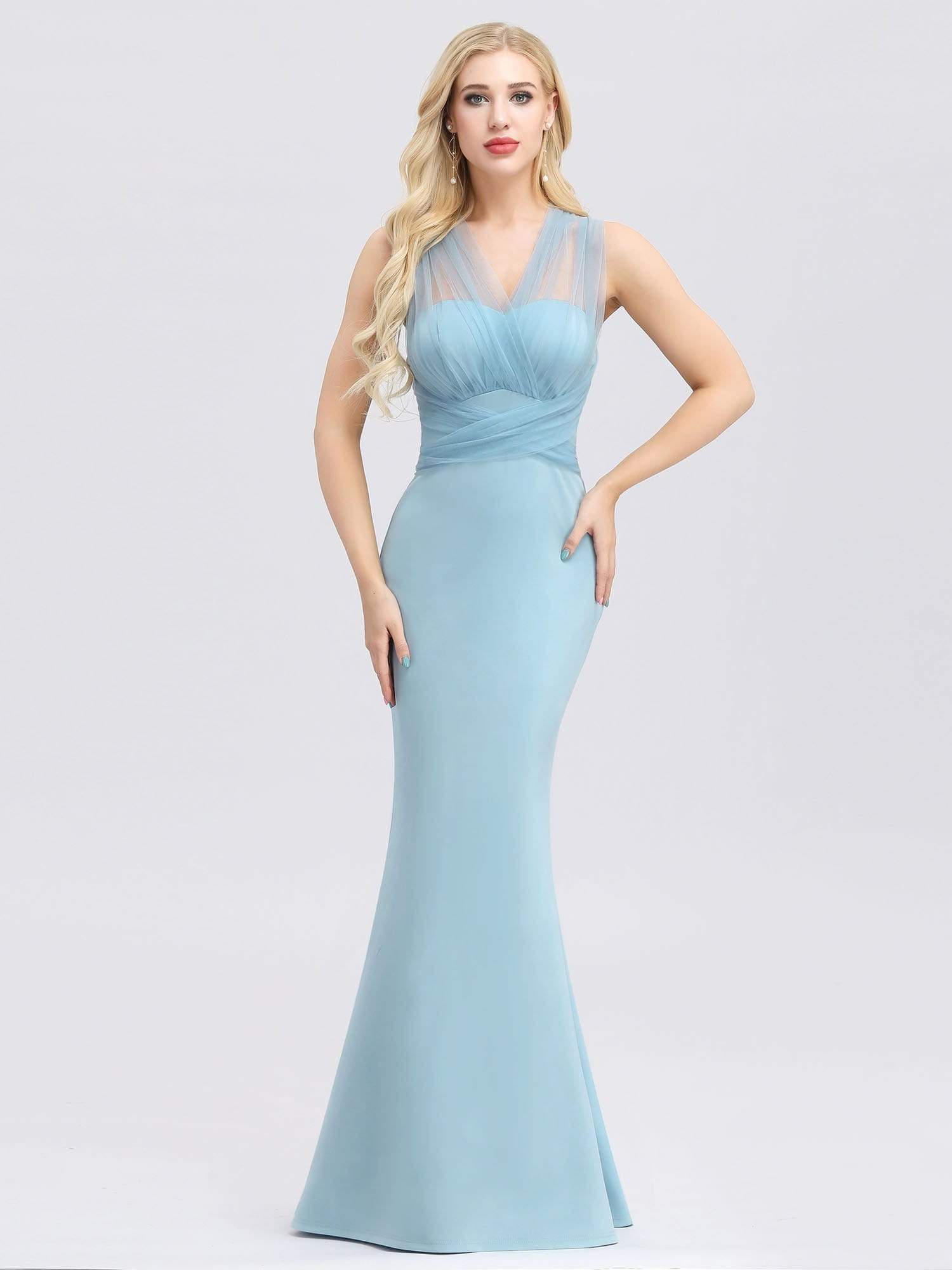 Color=Sky Blue | Women'S Sweetheart Neckline Self-Tie Bodycon Mermaid Dress-Sky Blue 1