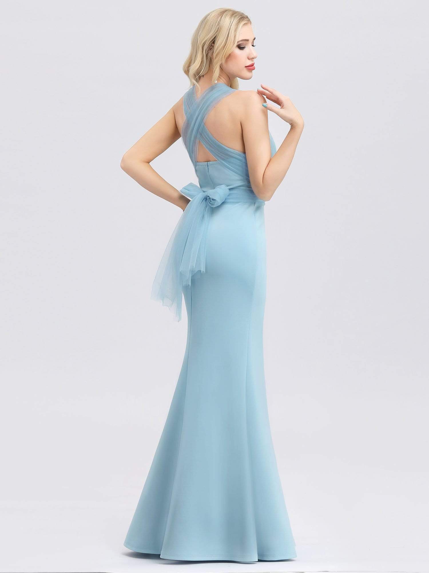 Color=Sky Blue | Women'S Sweetheart Neckline Self-Tie Bodycon Mermaid Dress-Sky Blue 7