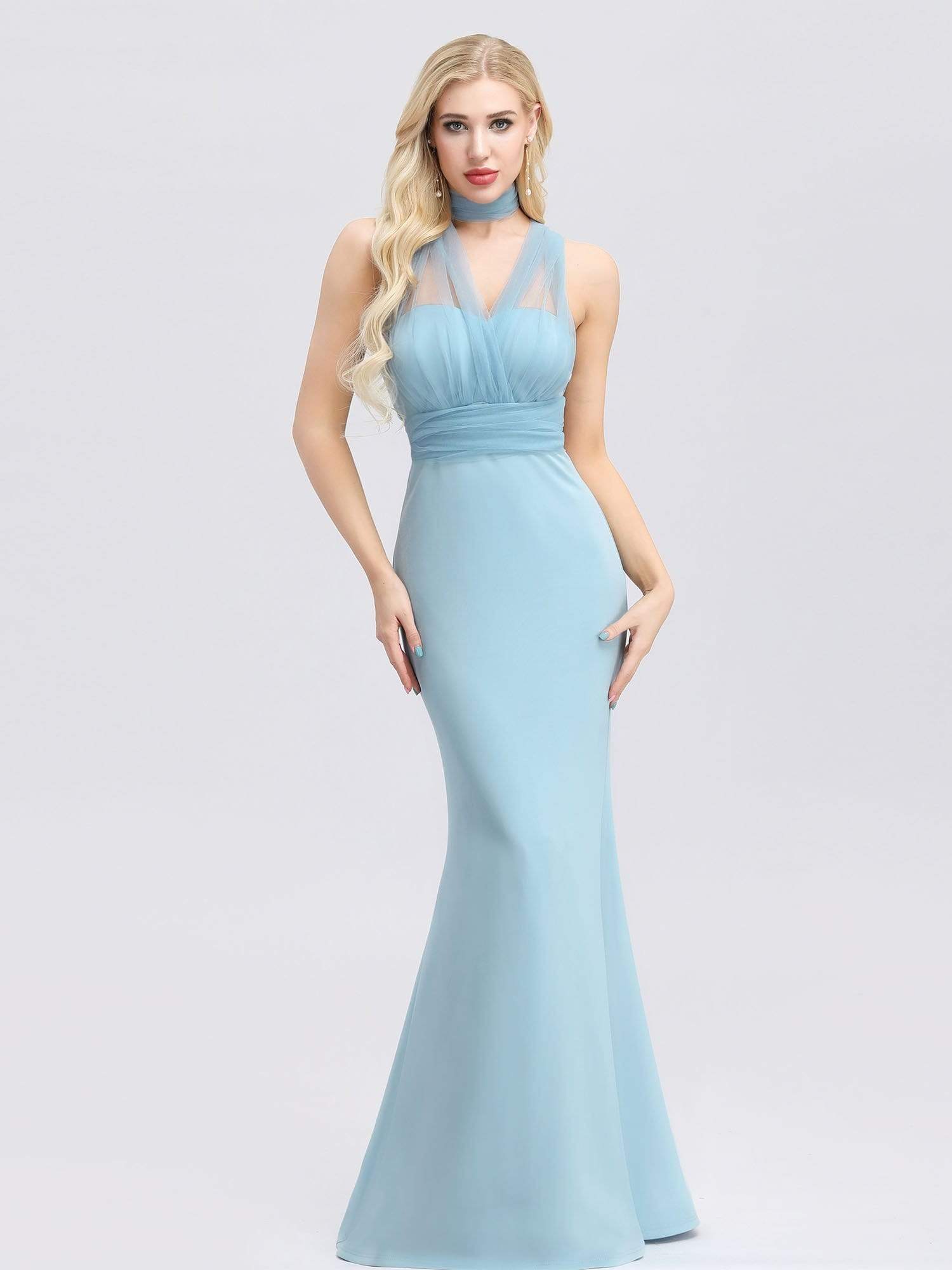 Color=Sky Blue | Women'S Sweetheart Neckline Self-Tie Bodycon Mermaid Dress-Sky Blue 2
