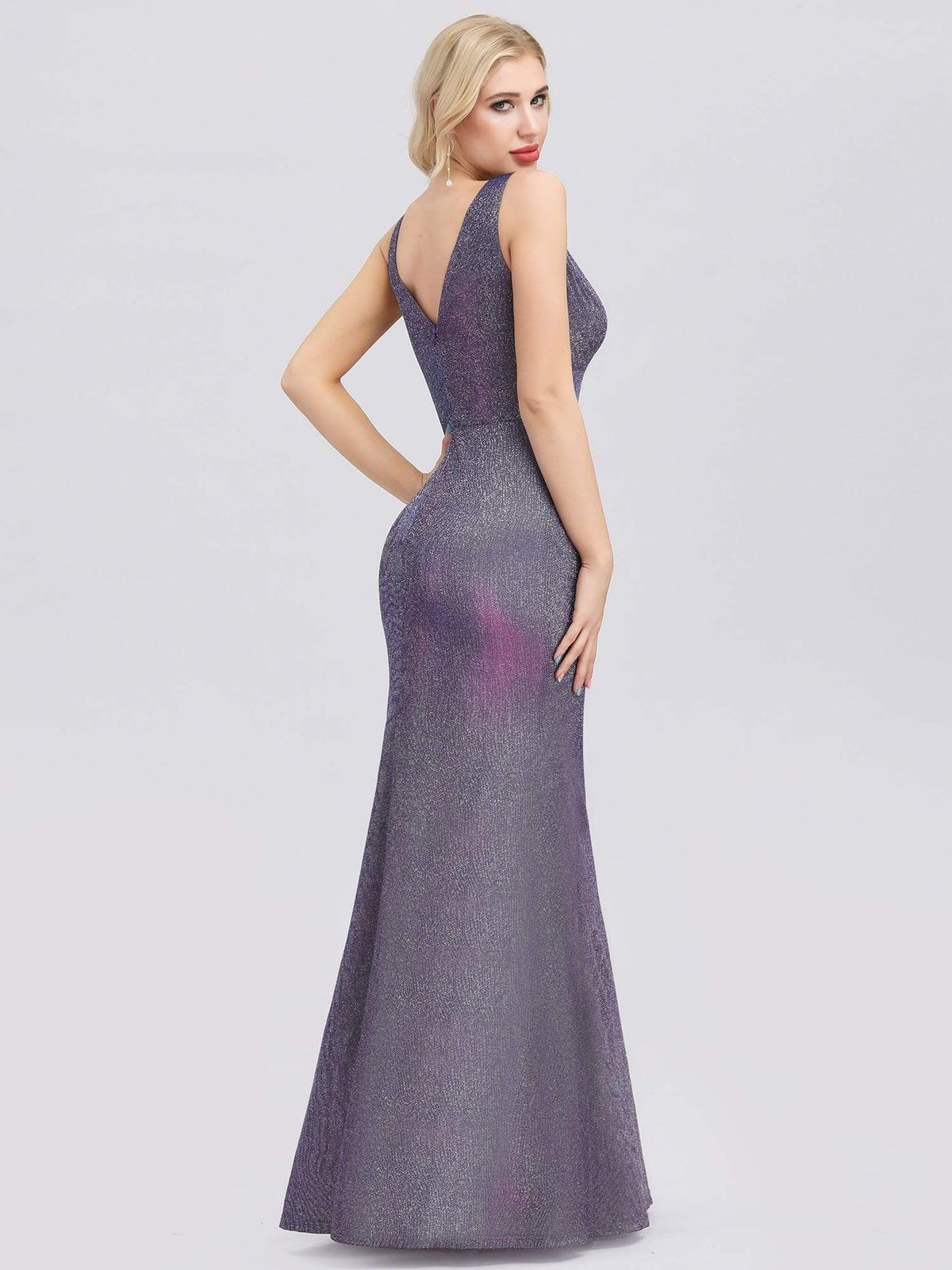 Color=Periwinkle | Deep V Neck Fishtail Evening Dress For Women-Periwinkle 2