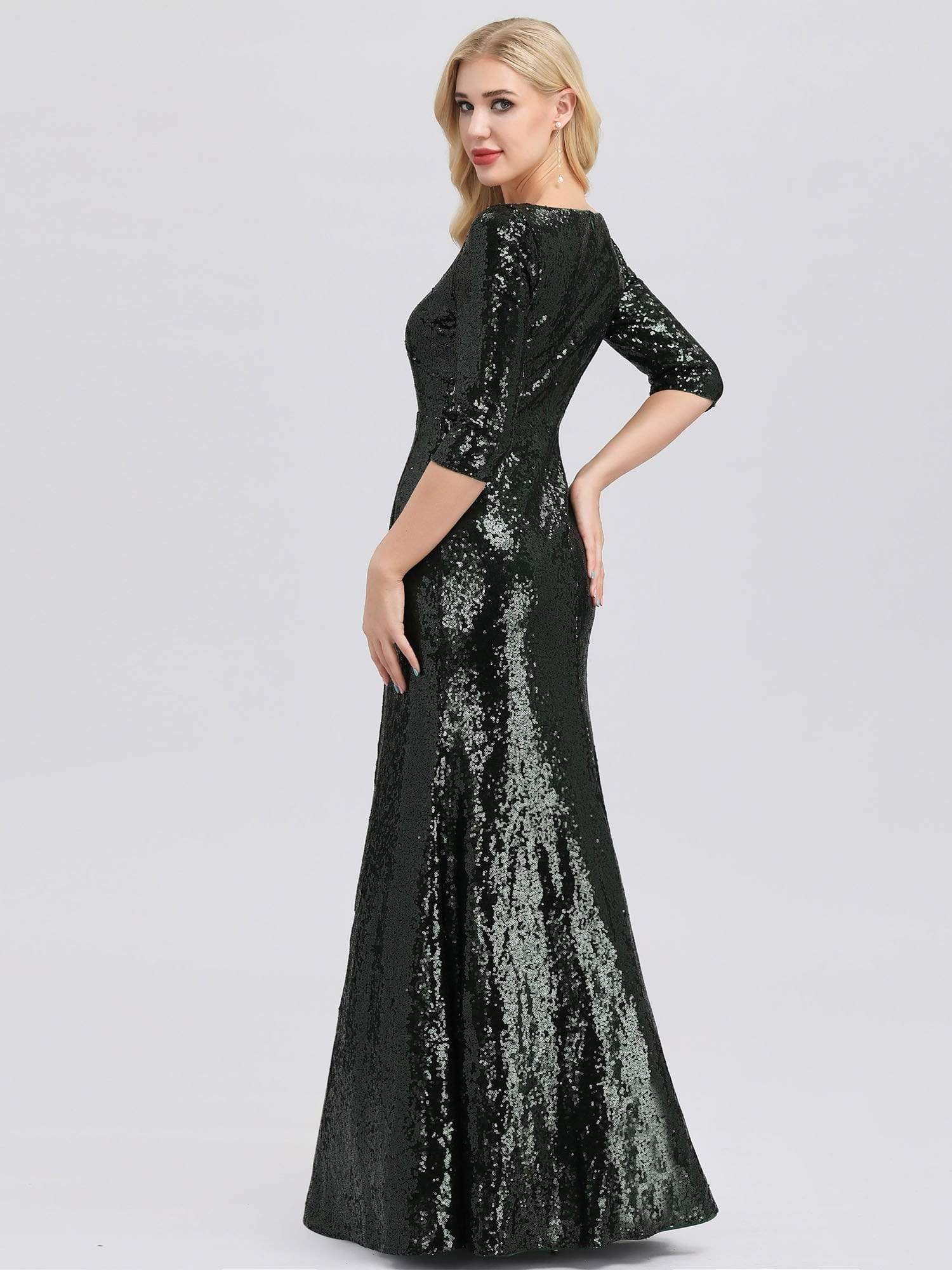 Color=Dark Green | Women'S V-Neck 3/4 Sleeve Sequin Dress Floor-Length Evening Dress-Dark Green 5