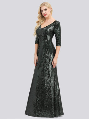 Color=Dark Green | Women'S V-Neck 3/4 Sleeve Sequin Dress Floor-Length Evening Dress-Dark Green 1