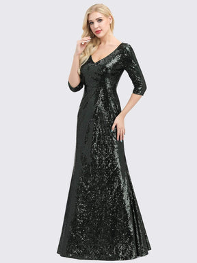 Color=Dark Green | Women'S V-Neck 3/4 Sleeve Sequin Dress Floor-Length Evening Dress-Dark Green 2