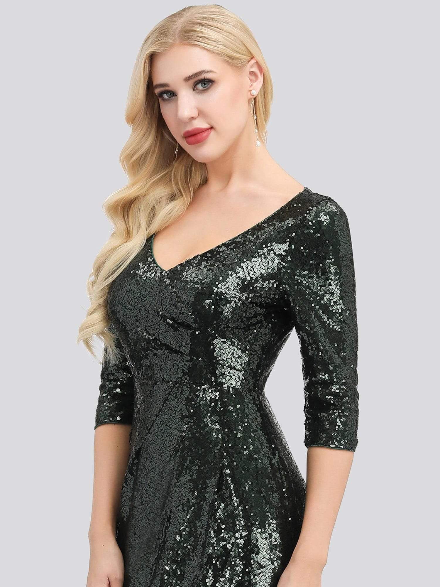 Color=Dark Green | Women'S V-Neck 3/4 Sleeve Sequin Dress Floor-Length Evening Dress-Dark Green 3