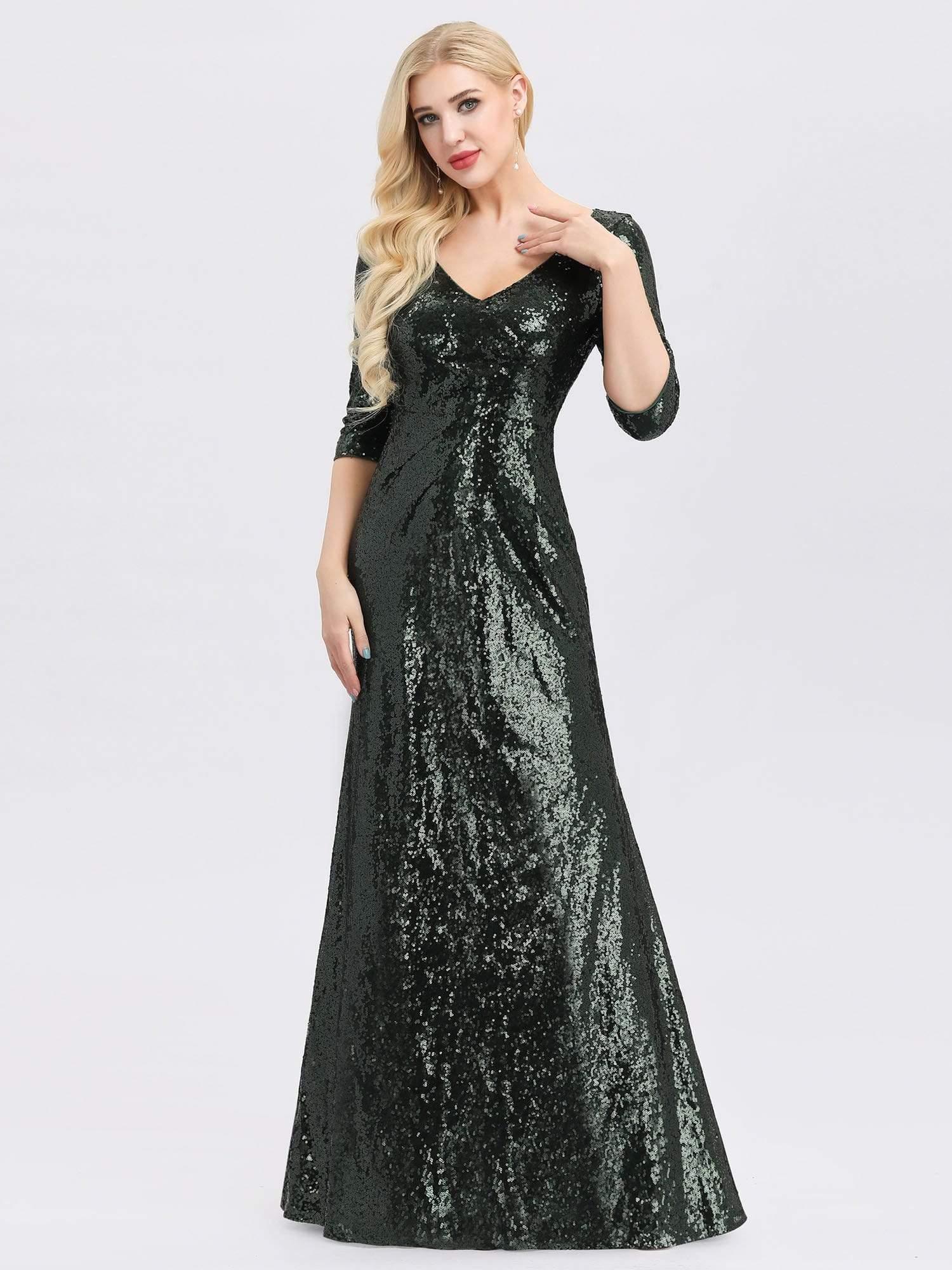 Color=Dark Green | Women'S V-Neck 3/4 Sleeve Sequin Dress Floor-Length Evening Dress-Dark Green 4
