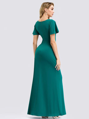 Color=Turquoise | V Neck Evening Dress With Ruffles Sleeve And High Slit-Turquoise 2