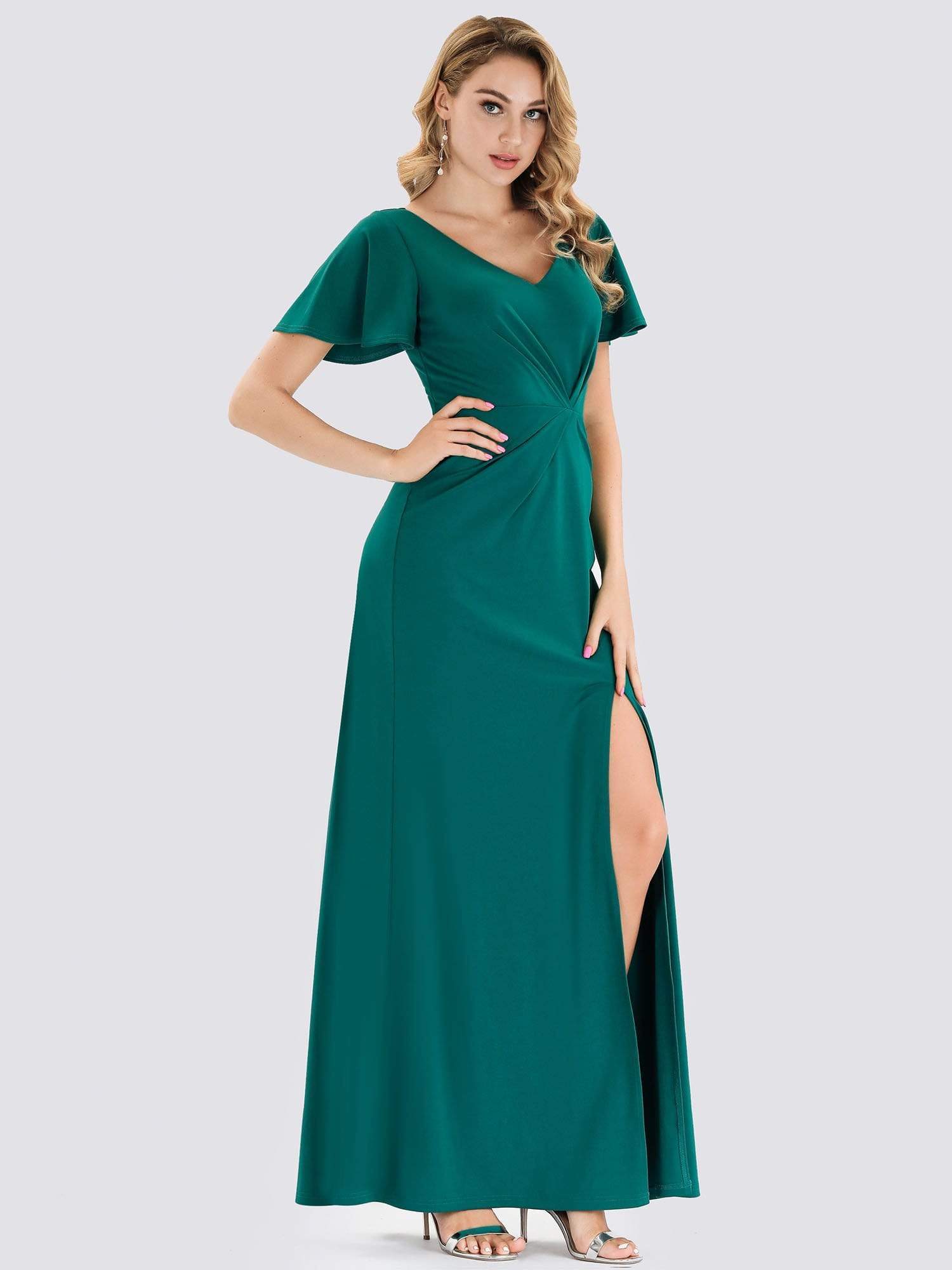 Color=Turquoise | V Neck Evening Dress With Ruffles Sleeve And High Slit-Turquoise 3