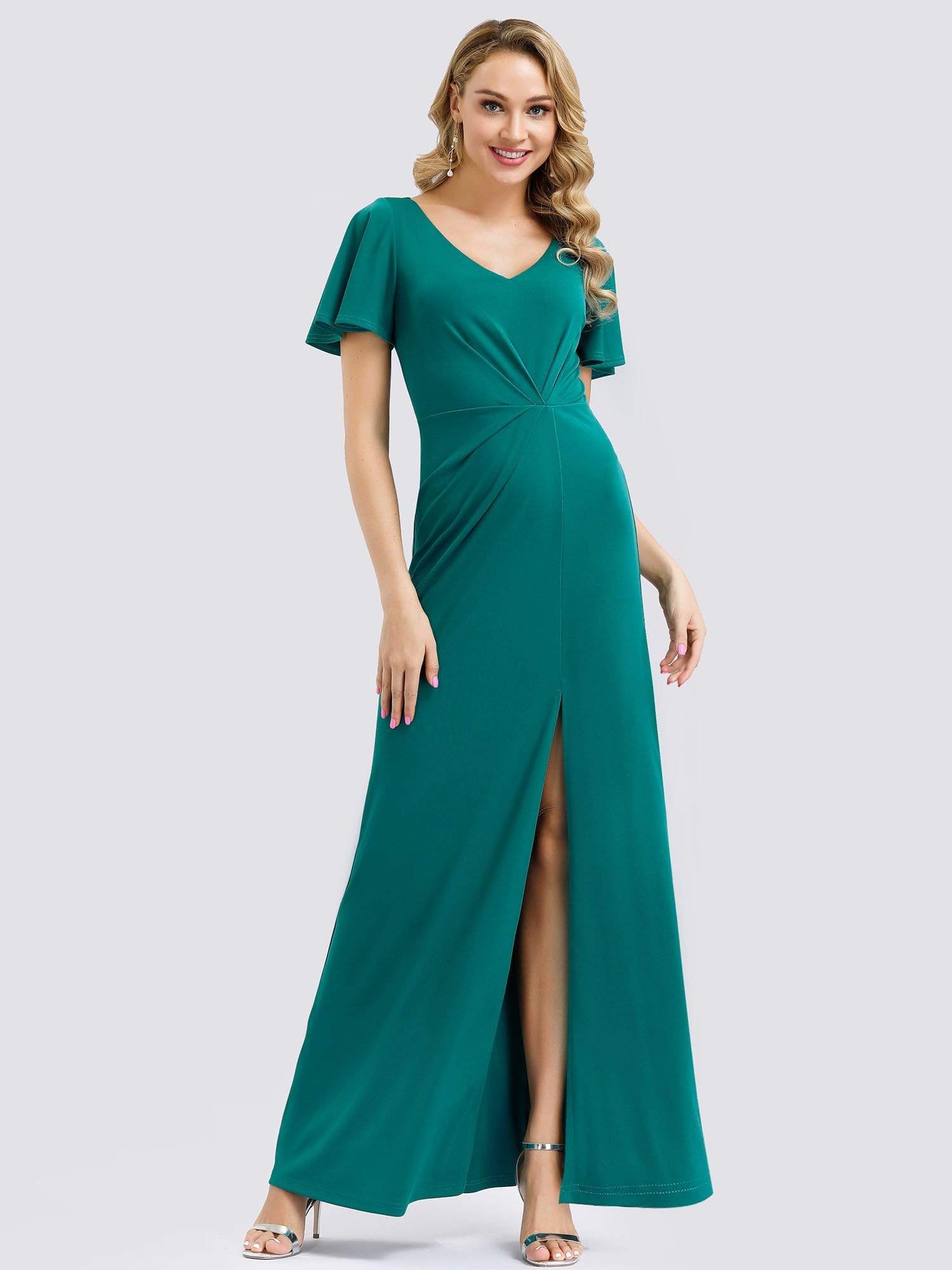 Color=Turquoise | V Neck Evening Dress With Ruffles Sleeve And High Slit-Turquoise 4