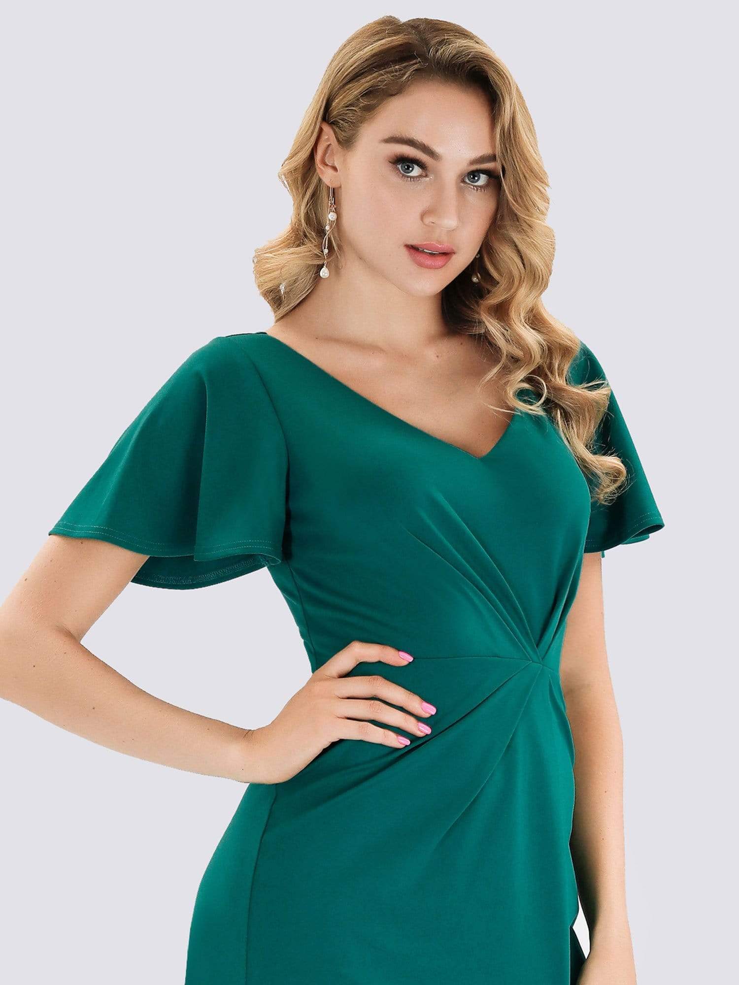 Color=Turquoise | V Neck Evening Dress With Ruffles Sleeve And High Slit-Turquoise 5