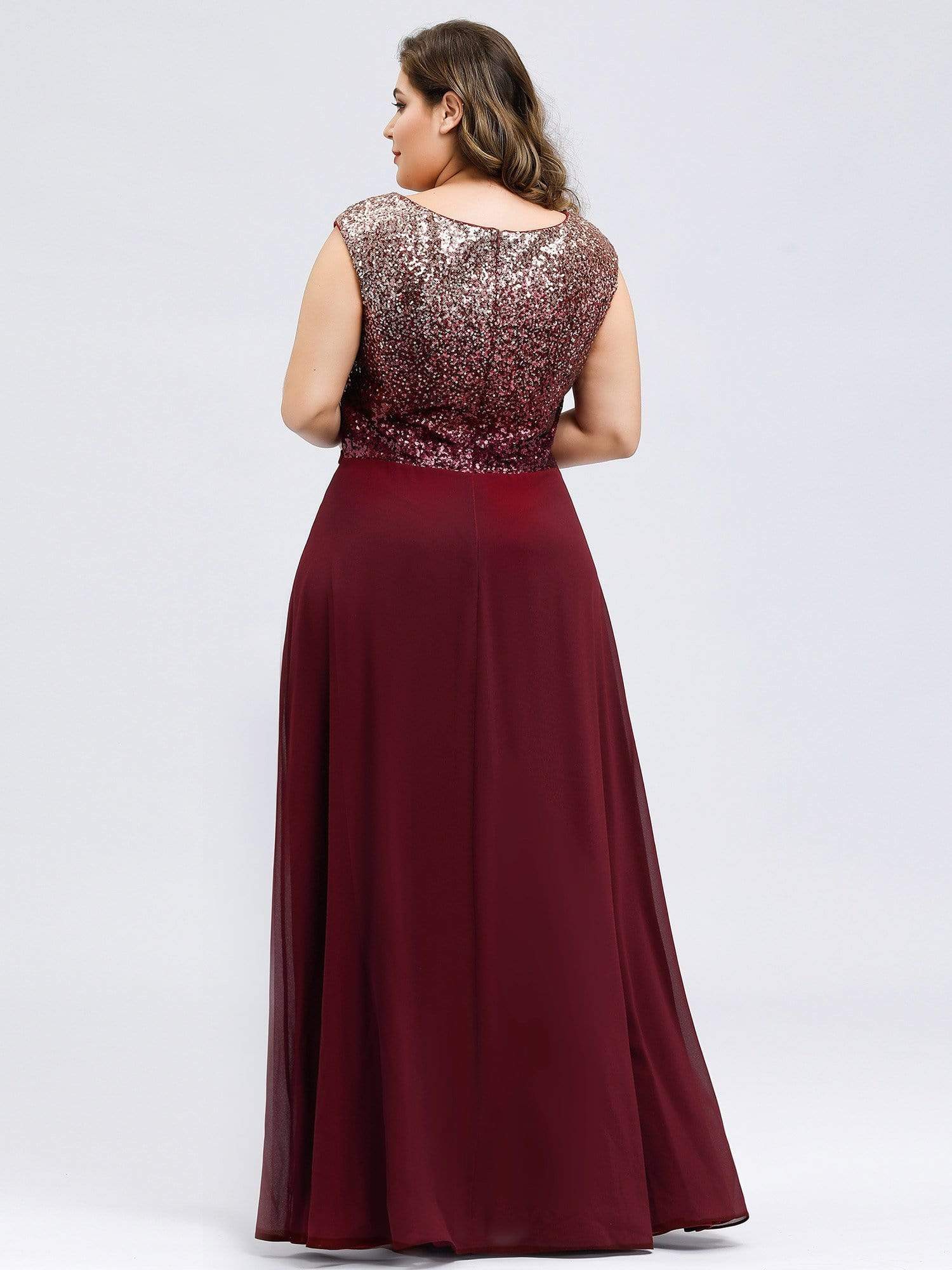 Color=Burgundy | Plus Size V Neck Sleeveless Floor Length Sequin Party Dress-Burgundy 2