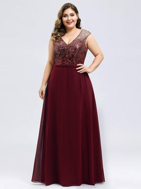 Color=Burgundy | Plus Size V Neck Sleeveless Floor Length Sequin Party Dress-Burgundy 3