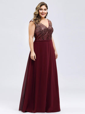 Color=Burgundy | Plus Size V Neck Sleeveless Floor Length Sequin Party Dress-Burgundy 4
