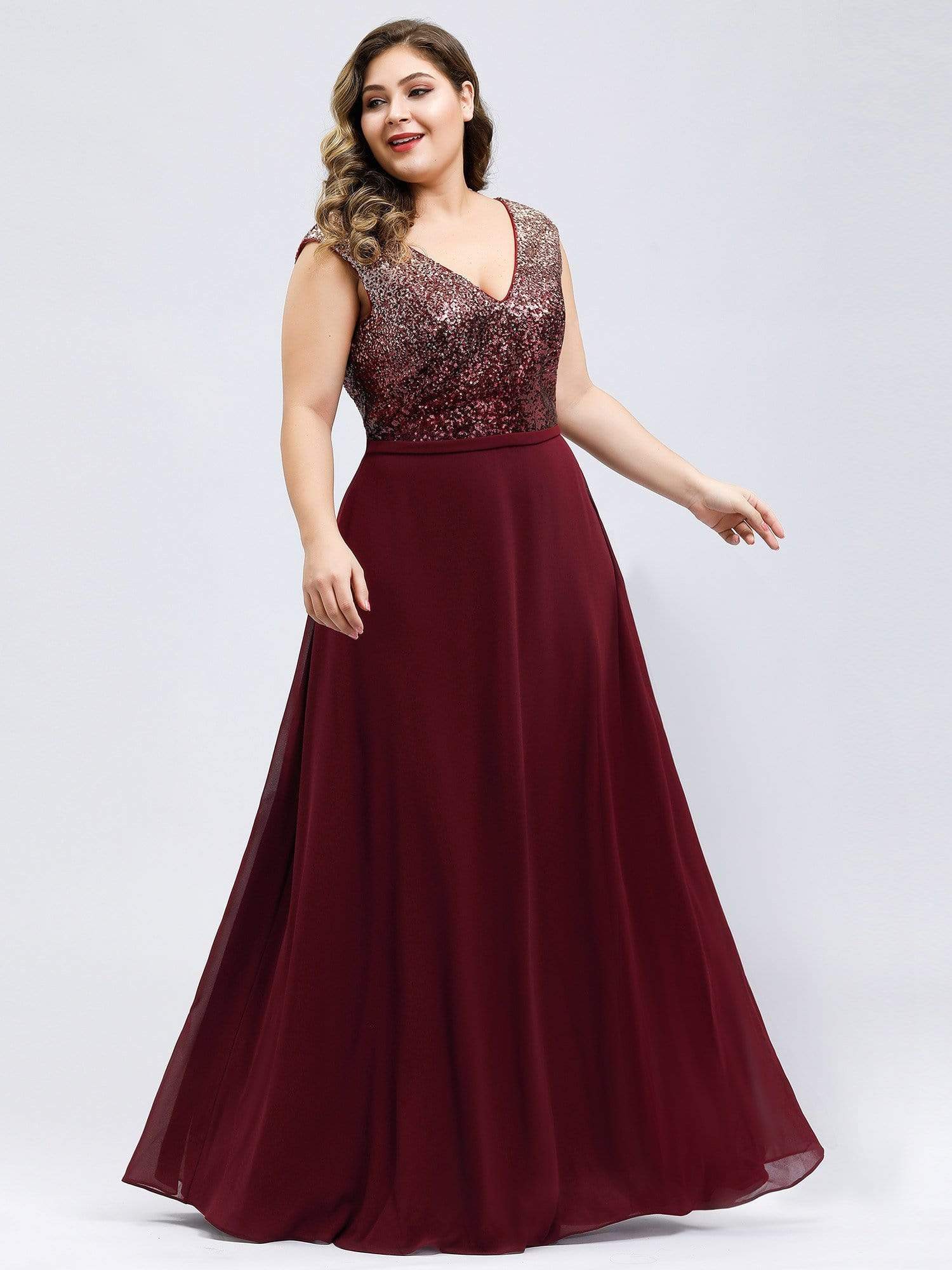 Color=Burgundy | Plus Size V Neck Sleeveless Floor Length Sequin Party Dress-Burgundy 1