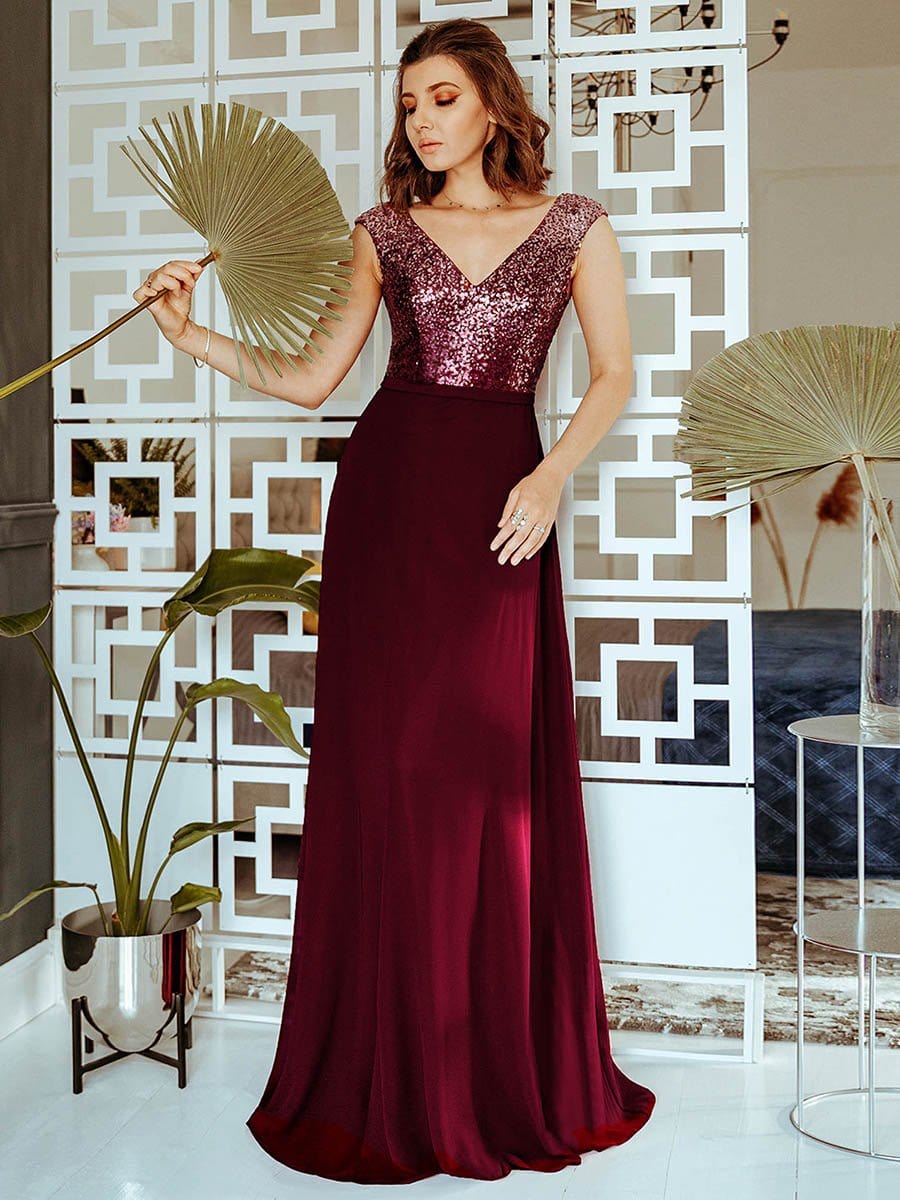 Color=Burgundy | V Neck Sleeveless Floor Length Sequin Party Dress-Burgundy 1