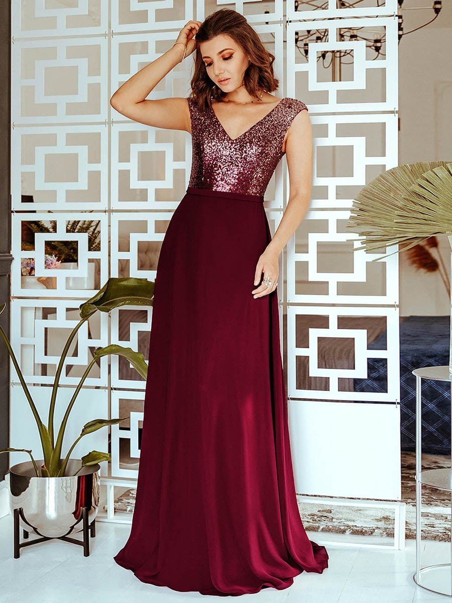 Color=Burgundy | V Neck Sleeveless Floor Length Sequin Party Dress-Burgundy 3