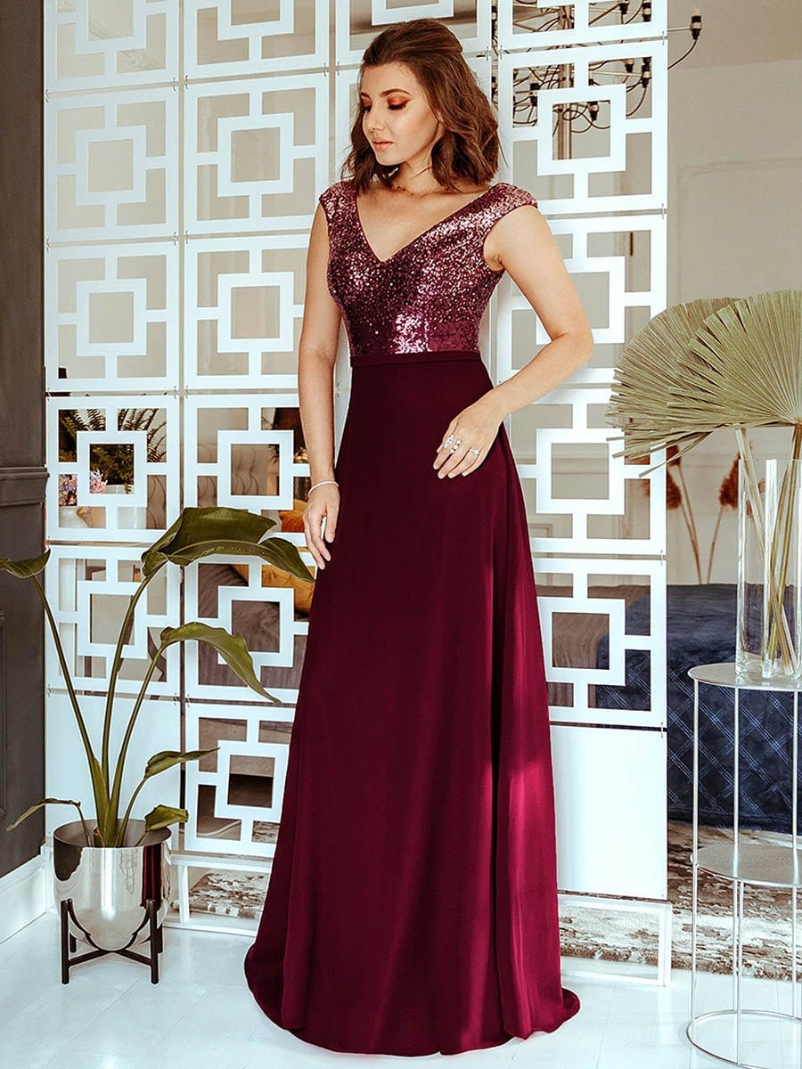 Color=Burgundy | V Neck Sleeveless Floor Length Sequin Party Dress-Burgundy 4