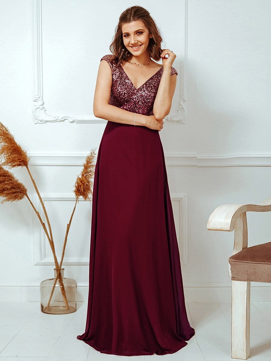 Color=Burgundy | V Neck Sleeveless Floor Length Sequin Party Dress-Burgundy 5