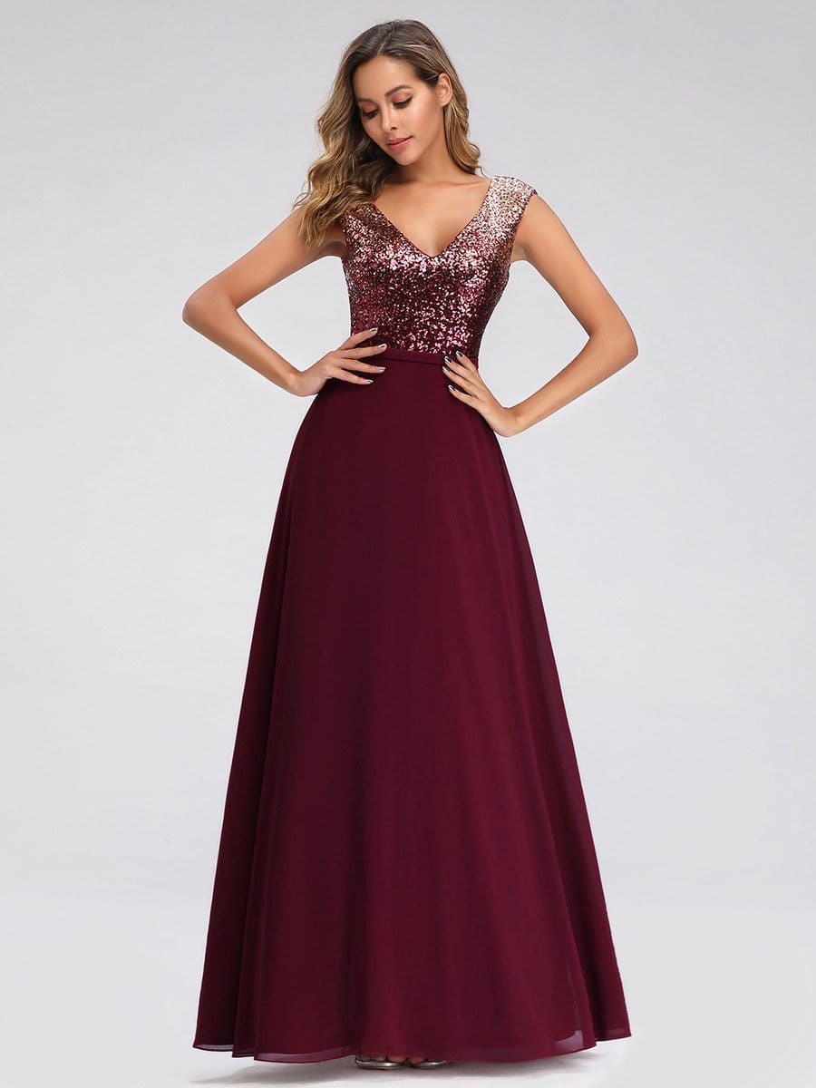 Color=Burgundy | V Neck Sleeveless Floor Length Sequin Party Dress-Burgundy 11