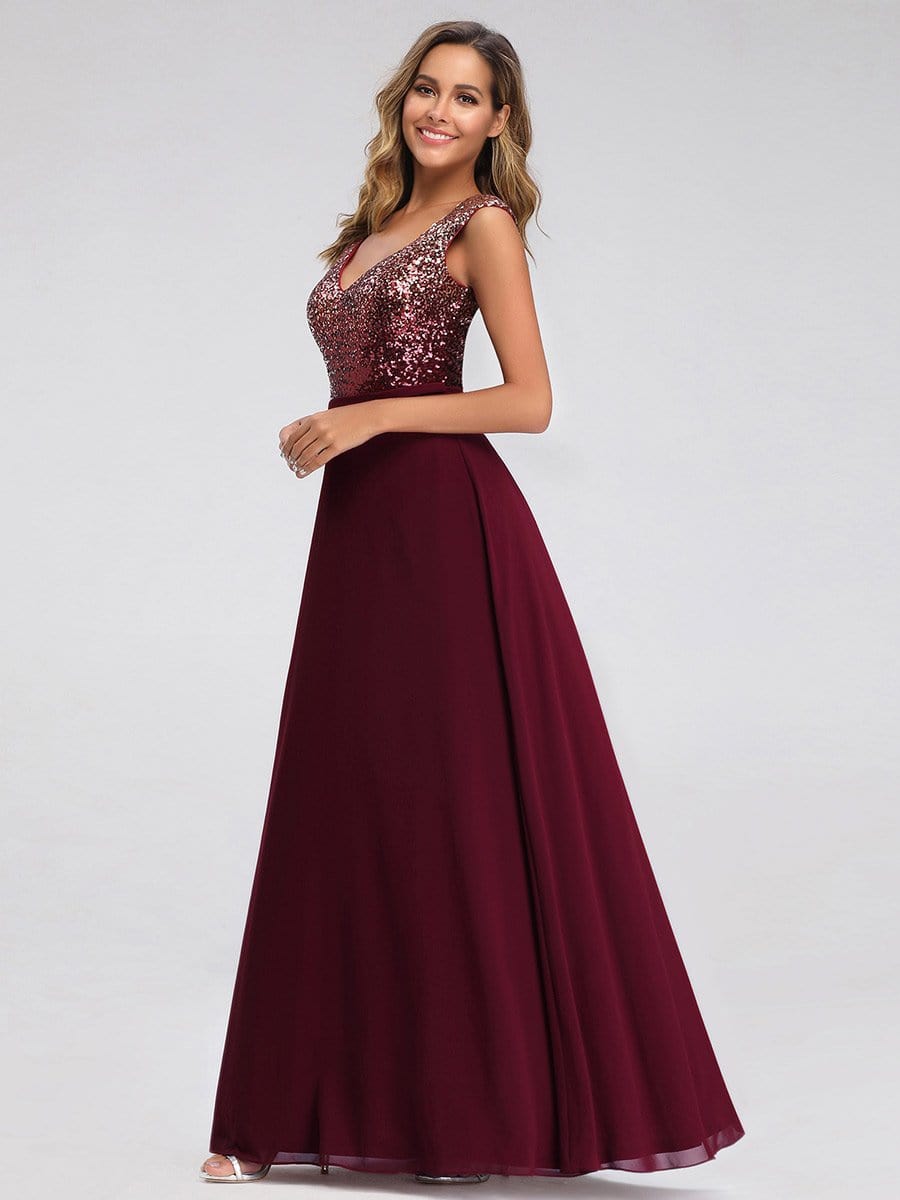 Color=Burgundy | V Neck Sleeveless Floor Length Sequin Party Dress-Burgundy 12