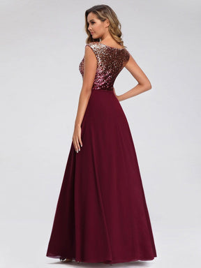 Color=Burgundy | V Neck Sleeveless Floor Length Sequin Party Dress-Burgundy 13