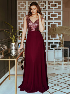 Color=Burgundy | V Neck Sleeveless Floor Length Sequin Party Dress-Burgundy 9