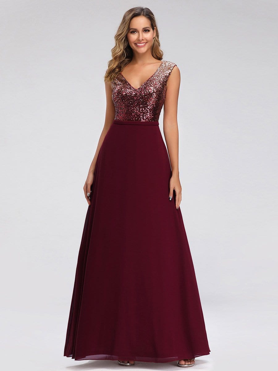Color=Burgundy | V Neck Sleeveless Floor Length Sequin Party Dress-Burgundy 10