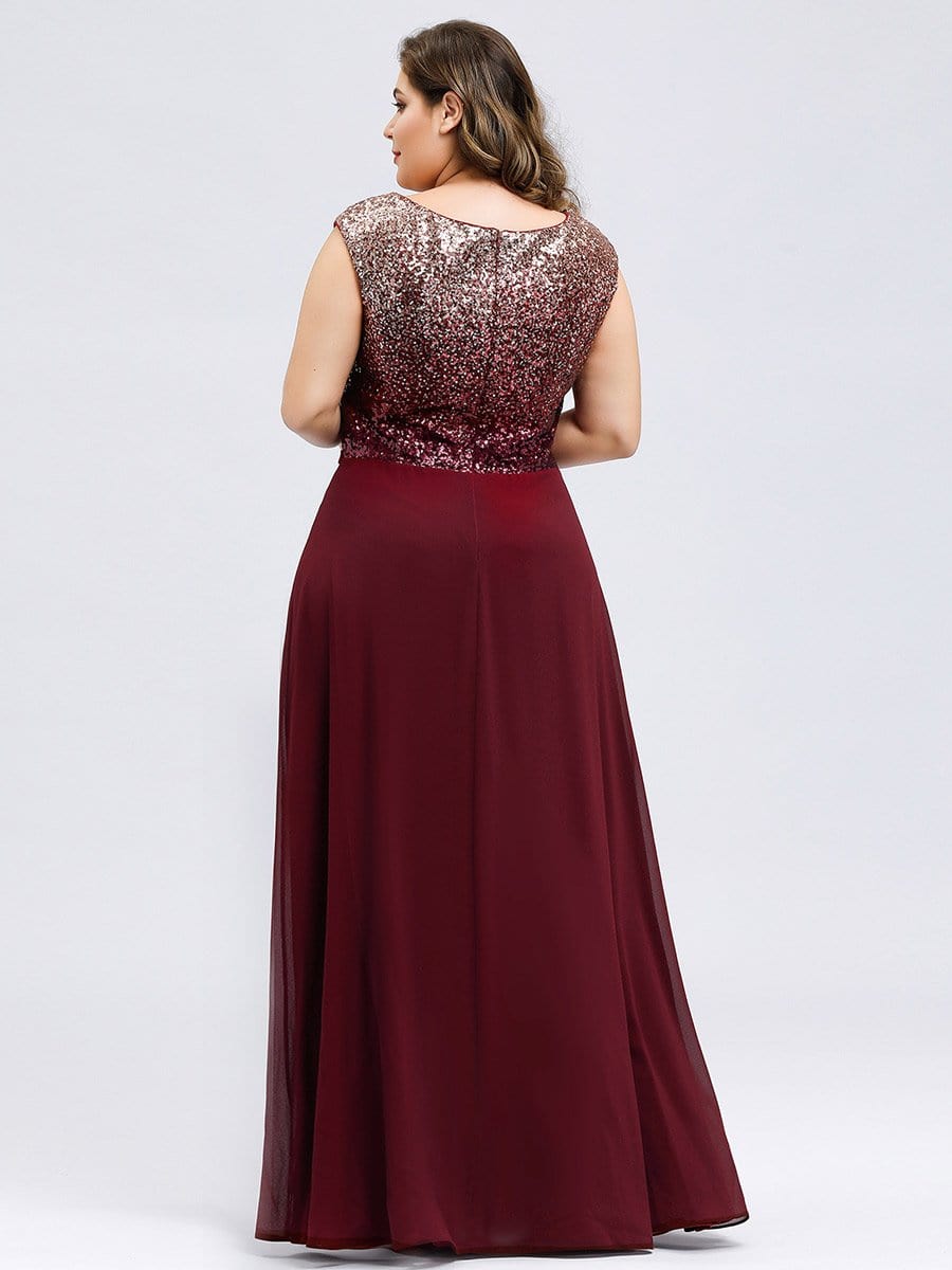 Color=Burgundy | V Neck Sleeveless Floor Length Sequin Party Dress-Burgundy 16