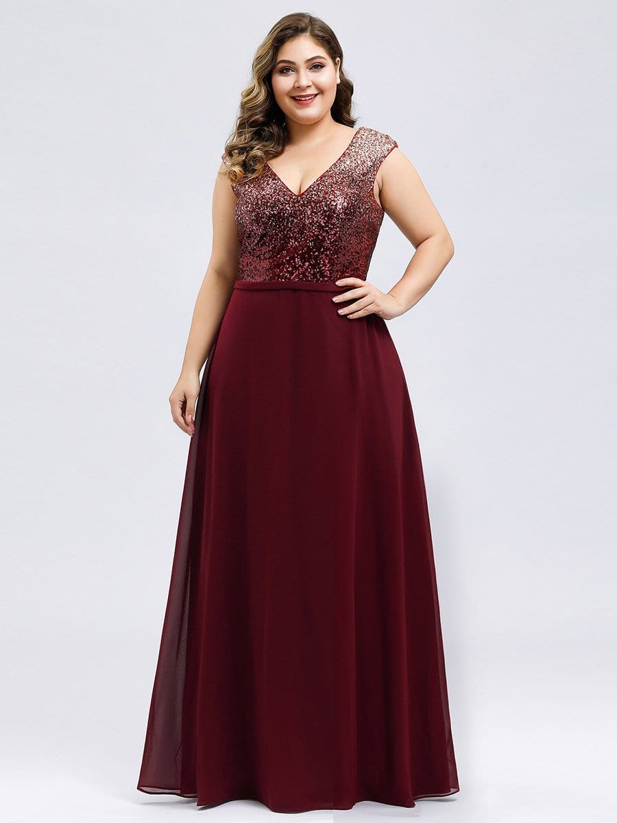 Color=Burgundy | V Neck Sleeveless Floor Length Sequin Party Dress-Burgundy 17