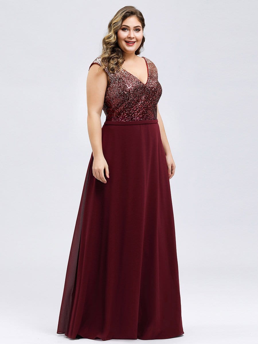 Color=Burgundy | V Neck Sleeveless Floor Length Sequin Party Dress-Burgundy 18