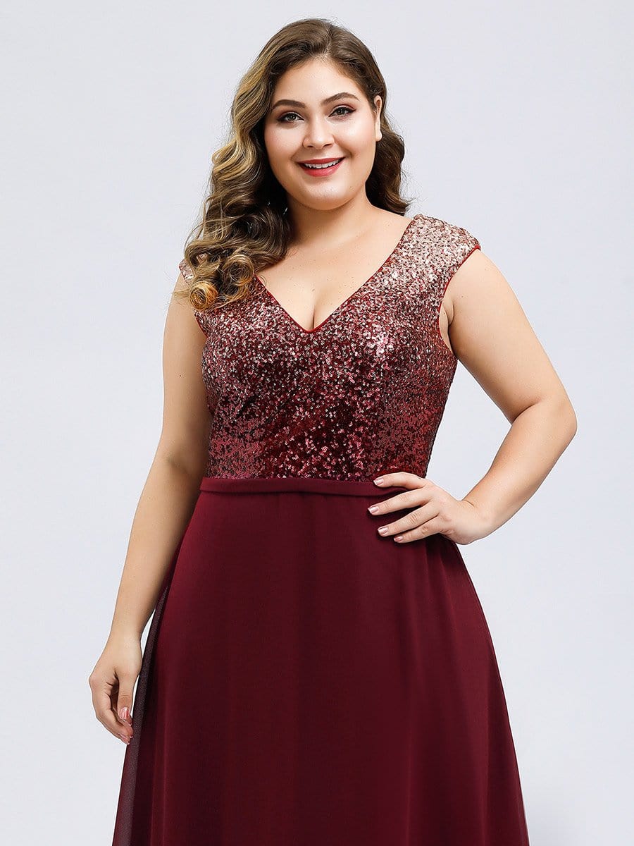 Color=Burgundy | V Neck Sleeveless Floor Length Sequin Party Dress-Burgundy 19