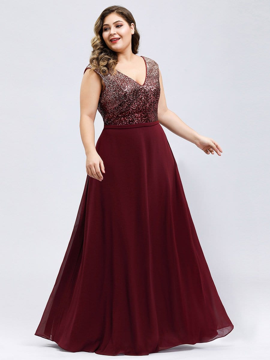 Color=Burgundy | V Neck Sleeveless Floor Length Sequin Party Dress-Burgundy 15