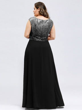 Color=Black | V Neck Sleeveless Floor Length Sequin Party Dress-Black 7