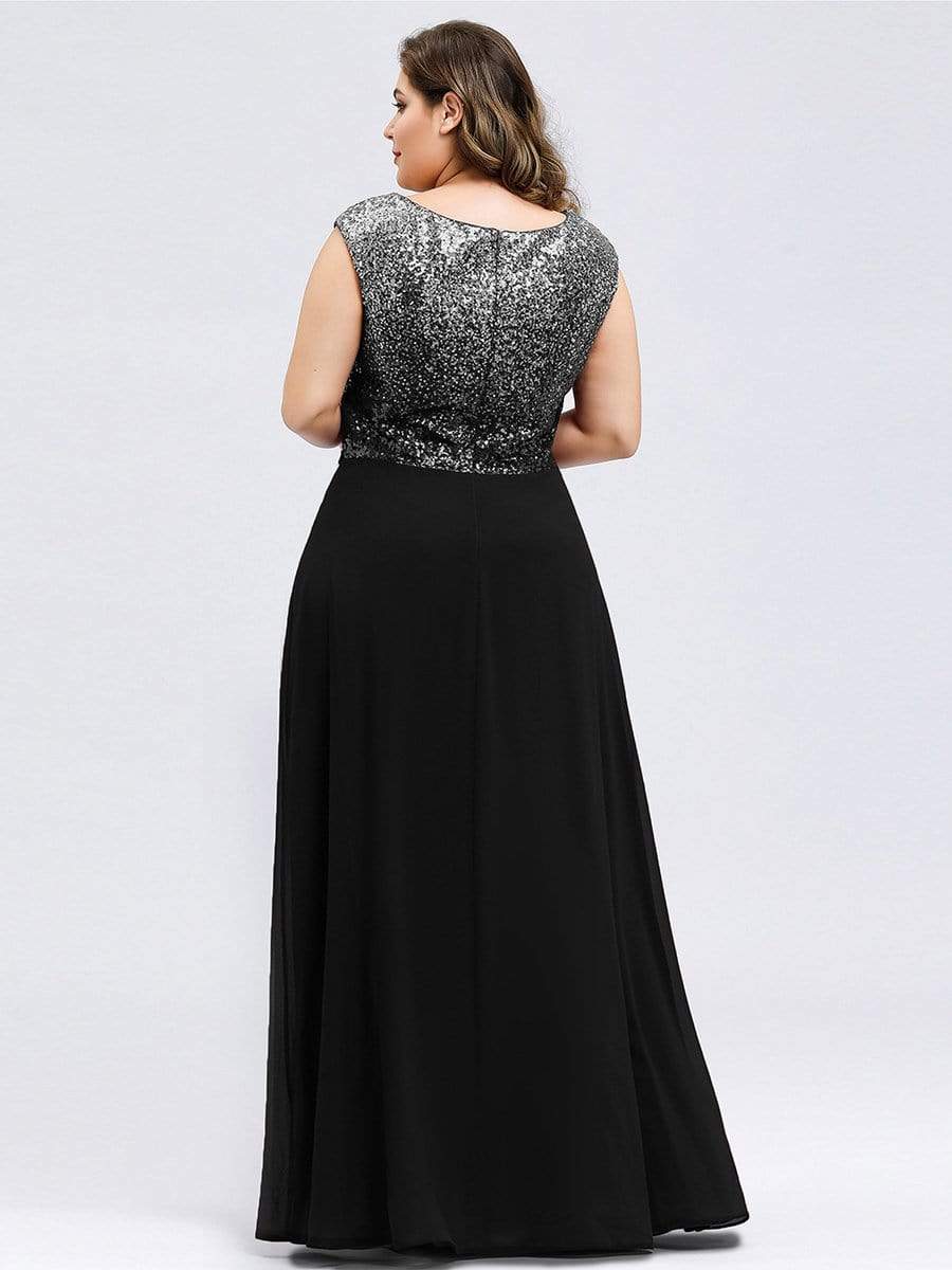Color=Black | Plus Size V Neck Sleeveless Floor Length Sequin Party Dress-Black 2