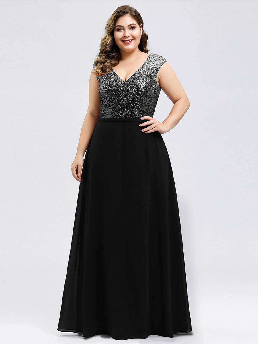 Color=Black | V Neck Sleeveless Floor Length Sequin Party Dress-Black 8