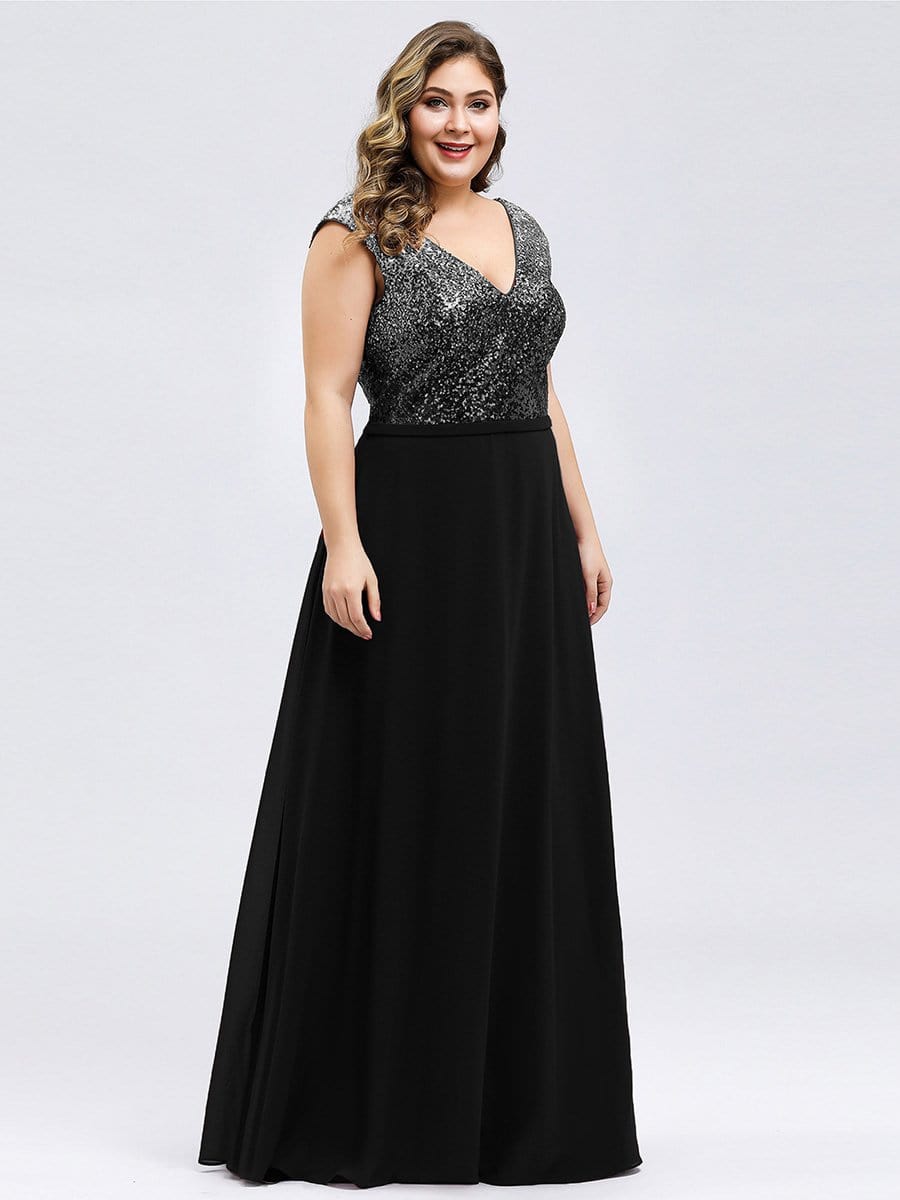Color=Black | V Neck Sleeveless Floor Length Sequin Party Dress-Black 9