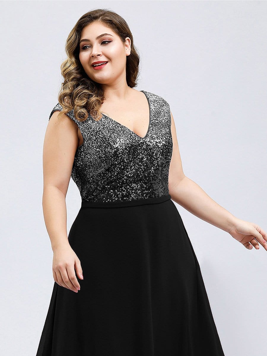 Color=Black | V Neck Sleeveless Floor Length Sequin Party Dress-Black 10