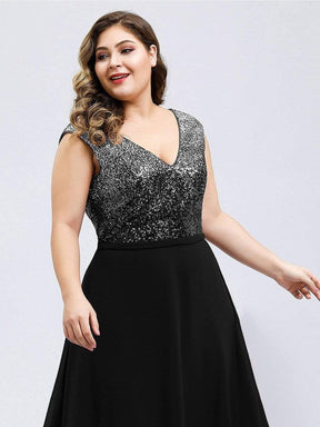 Color=Black | Plus Size V Neck Sleeveless Floor Length Sequin Party Dress-Black 5