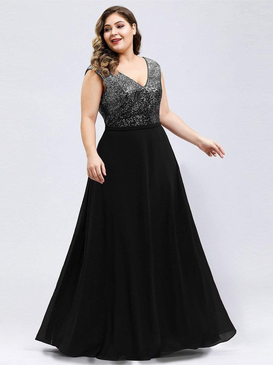 Color=Black | Plus Size V Neck Sleeveless Floor Length Sequin Party Dress-Black 1