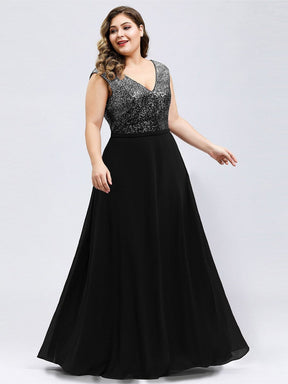 Color=Black | V Neck Sleeveless Floor Length Sequin Party Dress-Black 6