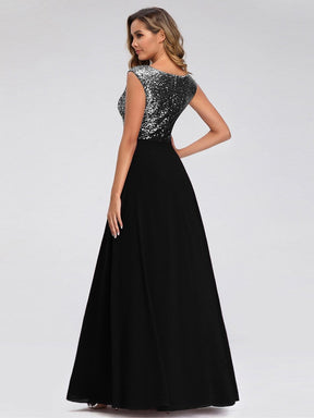Color=Black | V Neck Sleeveless Floor Length Sequin Party Dress-Black 2