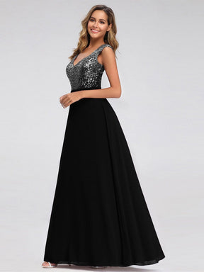 Color=Black | V Neck Sleeveless Floor Length Sequin Party Dress-Black 3