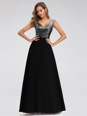 Color=Black | V Neck Sleeveless Floor Length Sequin Party Dress-Black 4