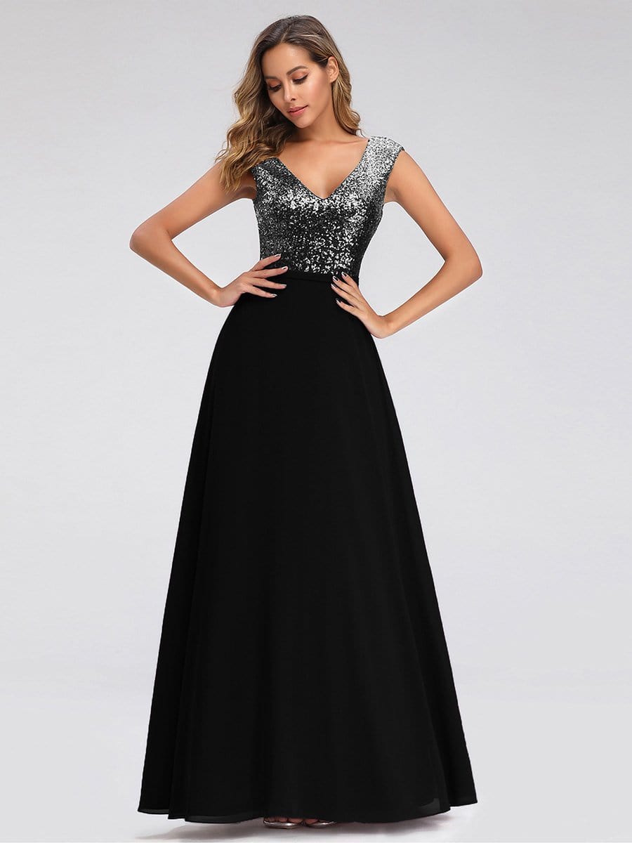 Color=Black | V Neck Sleeveless Floor Length Sequin Party Dress-Black 4