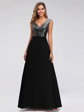 Color=Black | V Neck Sleeveless Floor Length Sequin Party Dress-Black 1