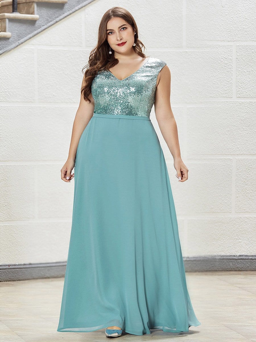 Color=Dusty Blue | V Neck Sleeveless Floor Length Sequin Party Dress-Dusty Blue 11