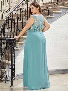 Color=Dusty Blue | Plus Size V Neck Sleeveless Floor Length Sequin Party Dress-Dusty Blue 2