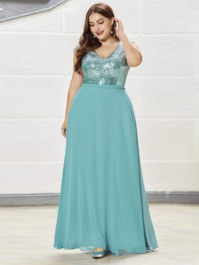 Color=Dusty Blue | Plus Size V Neck Sleeveless Floor Length Sequin Party Dress-Dusty Blue 3