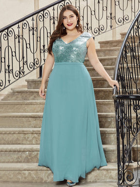 Color=Dusty Blue | V Neck Sleeveless Floor Length Sequin Party Dress-Dusty Blue 14
