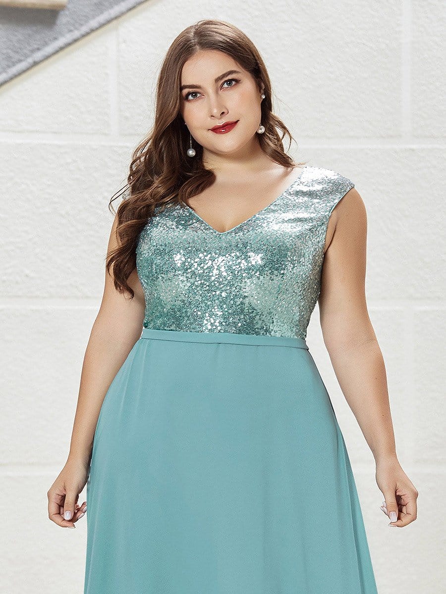 Color=Dusty Blue | V Neck Sleeveless Floor Length Sequin Party Dress-Dusty Blue 15