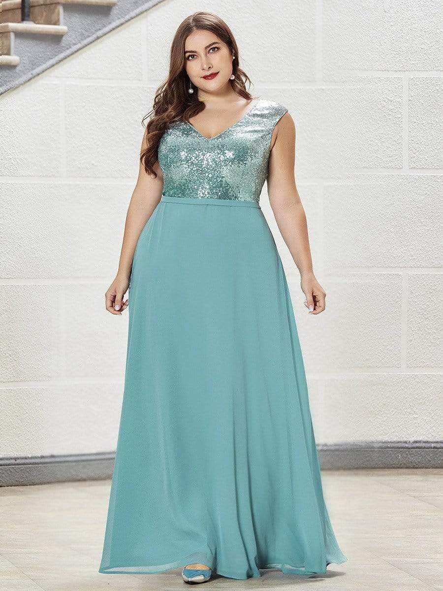 Color=Dusty Blue | Plus Size V Neck Sleeveless Floor Length Sequin Party Dress-Dusty Blue 1